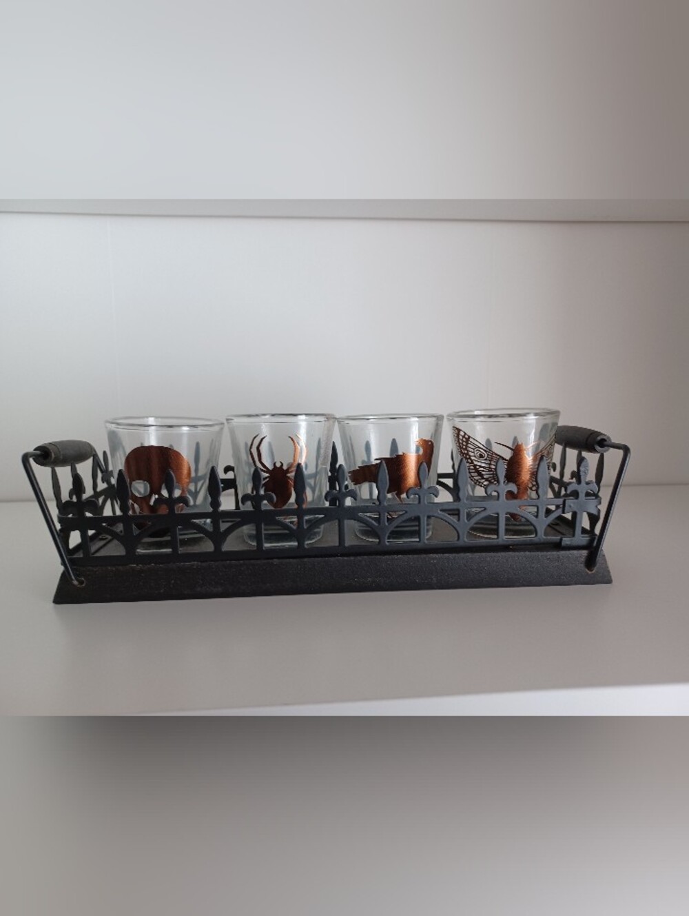 Four Shot Glasses With Graveyard Display Piece Spooky Skull Spider Crow Moth